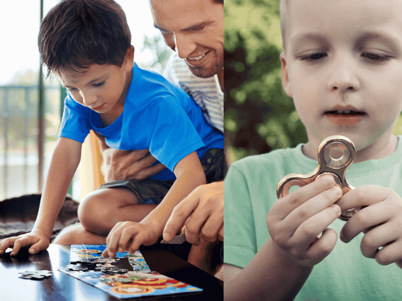 A parent and toddler explore various sensory devices and a fidget spinner.